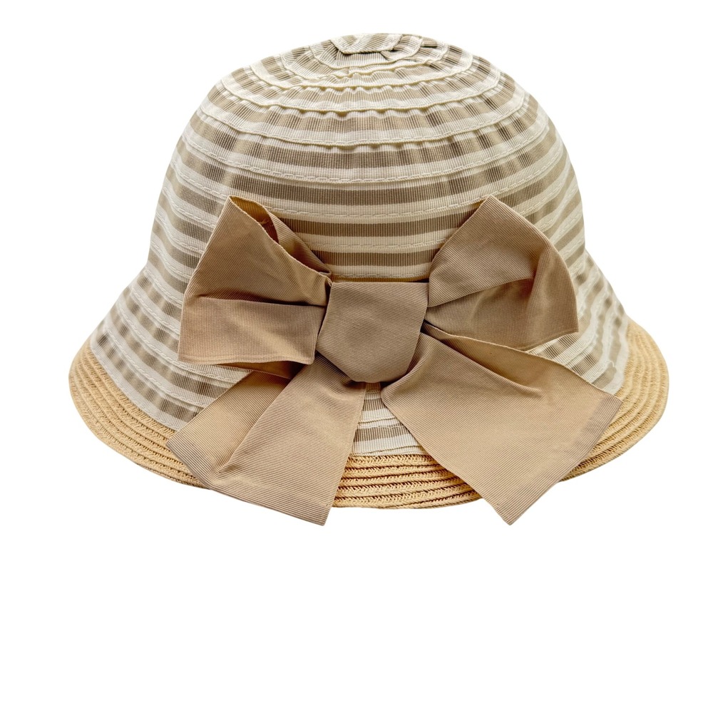 Girls Sun Hat Beige Striped Oversized Bow Character Label 50cm Boutique